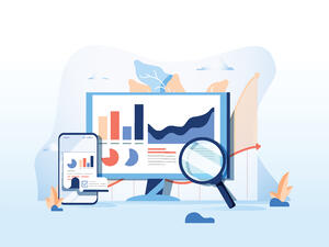 Cartoon picture of bar charts and pie graphs on a computer and cell phone